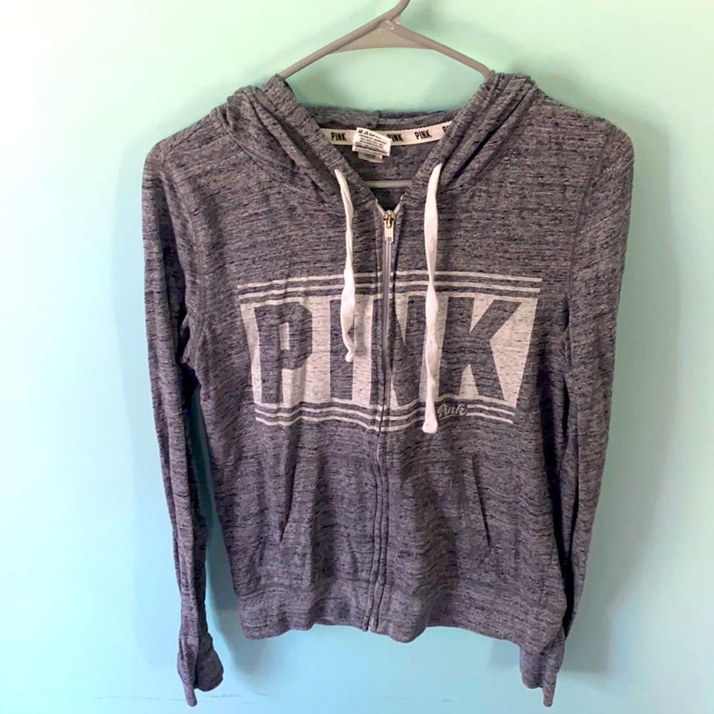 Grey hooded zip up jacket. PINK. Size S.